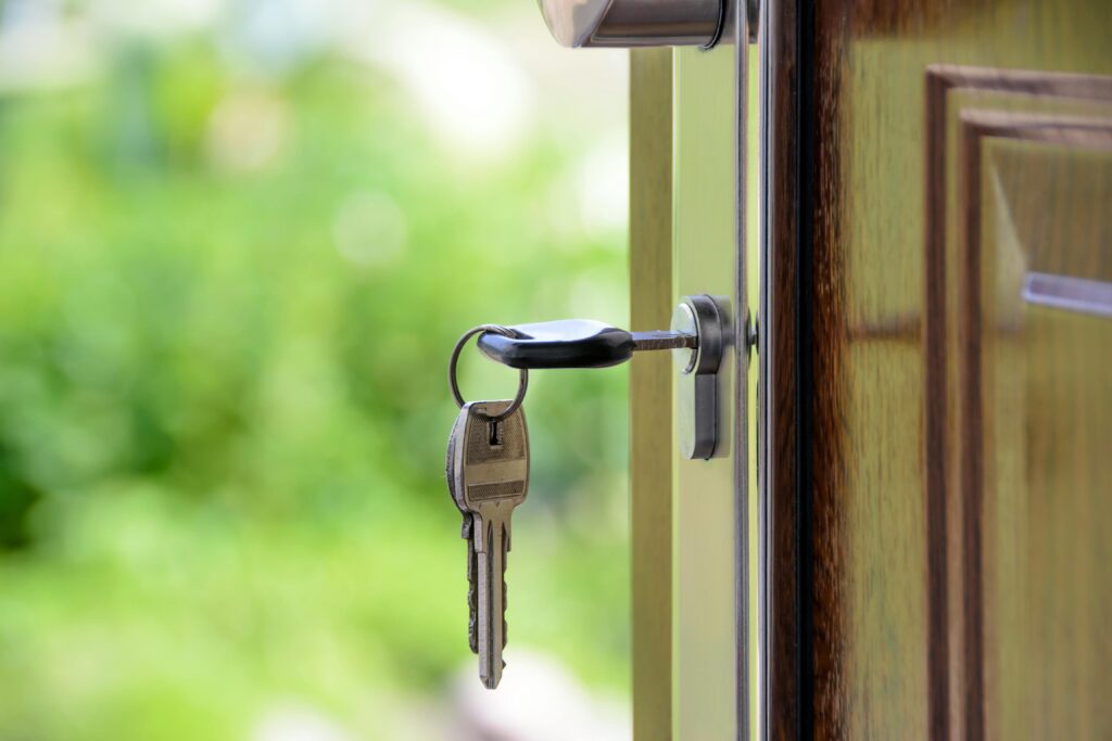 Key in an open door, there is greenery in the background. 