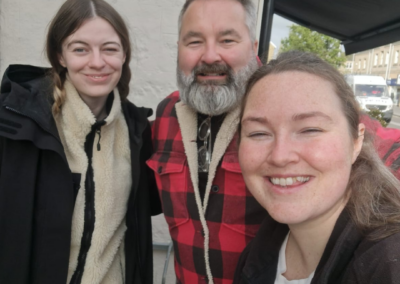 A selfie of two women and a man smiling at a camera - they are wrapped up warm!