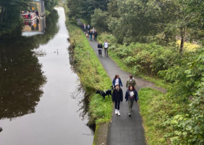A birds eye photo of eleven people walking along the canal