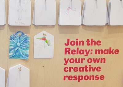Healing Arts Scotland: Join the Relay, make your own creative response. White tags are hung on a wall.