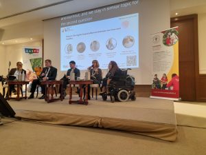 A couple of people on a small stage presenting as part of the EASPD Conference in Turin